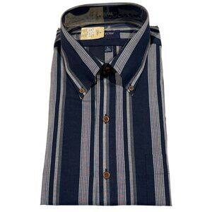 Vintage Arrow Mens Long Sleeve Button-Up Shirt L Striped Navy & Red Cotton Blend
